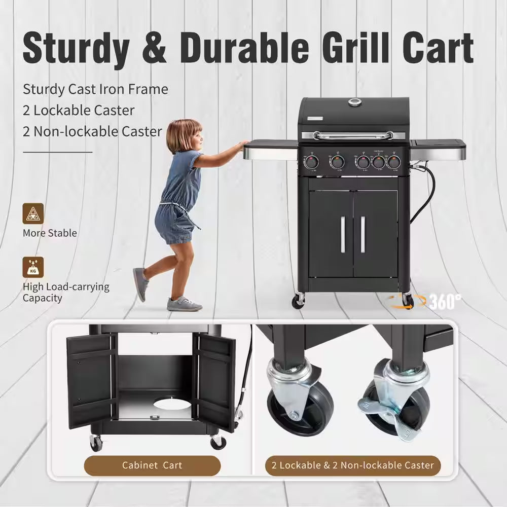 4-Burner Propane Gas Grill and Griddle Combo in Black with Cooking Grates Plate and Side Burner