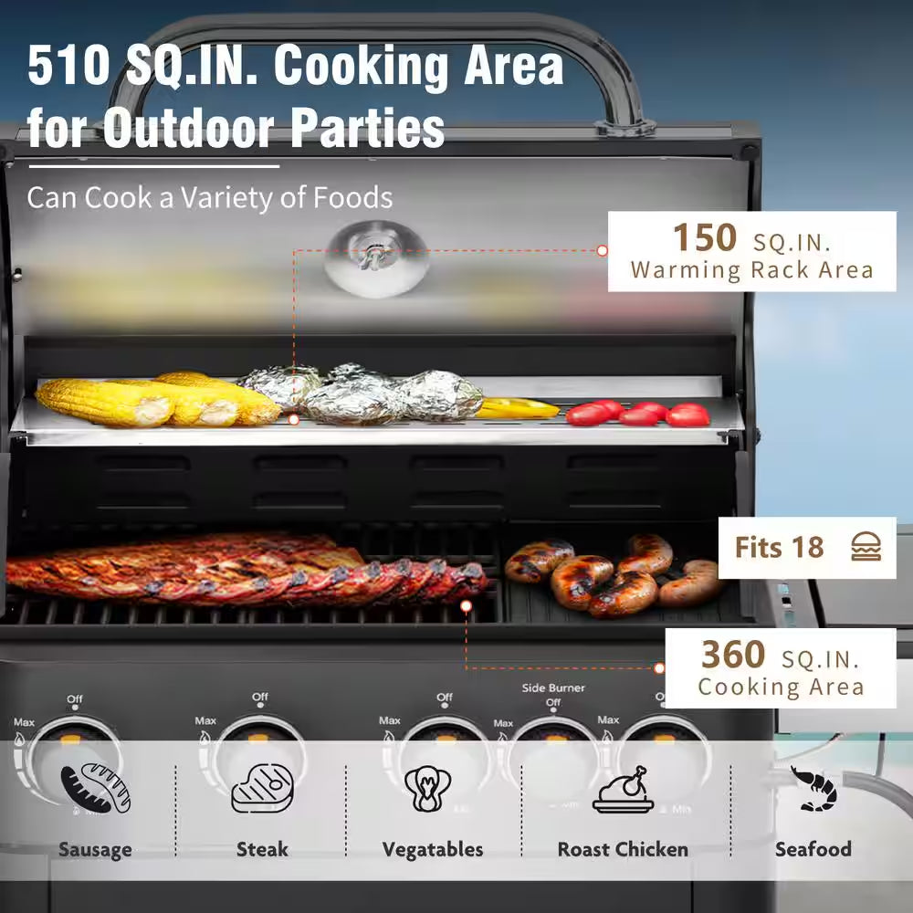 4-Burner Propane Gas Grill and Griddle Combo in Black with Cooking Grates Plate and Side Burner