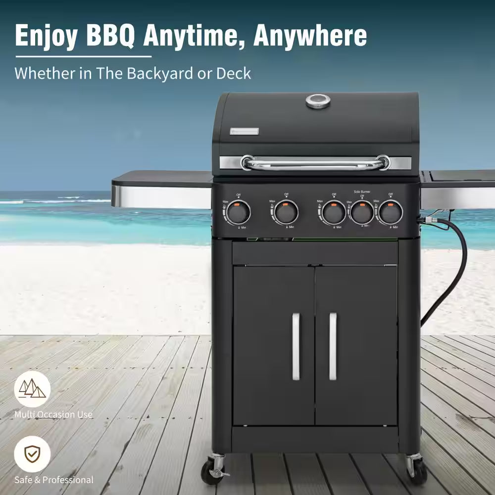 4-Burner Propane Gas Grill and Griddle Combo in Black with Cooking Grates Plate and Side Burner