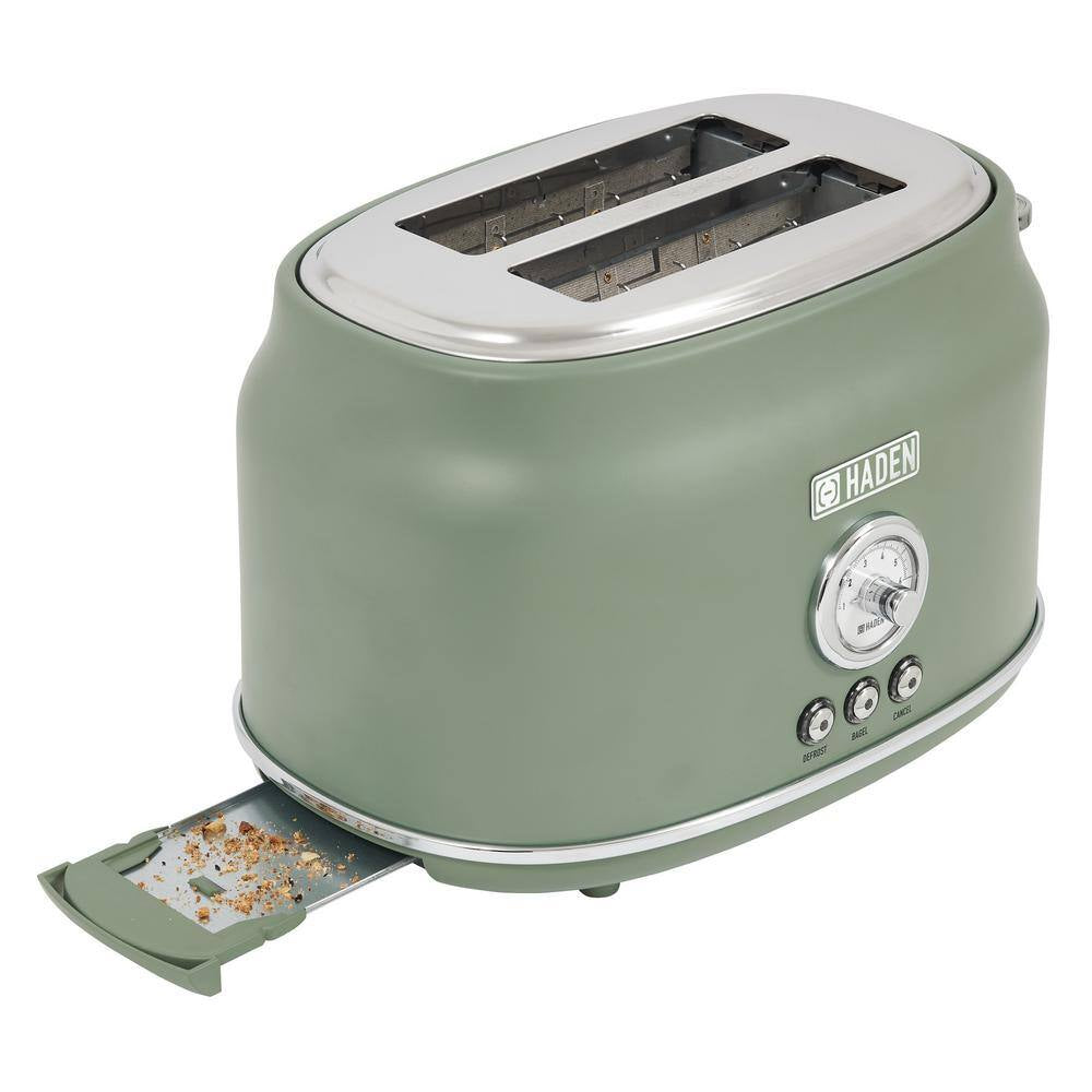 Dorset 900-Watt 2-Slice Wide Slot Cedar Green Retro Toaster with Removable Crumb Tray and Adjustable Settings