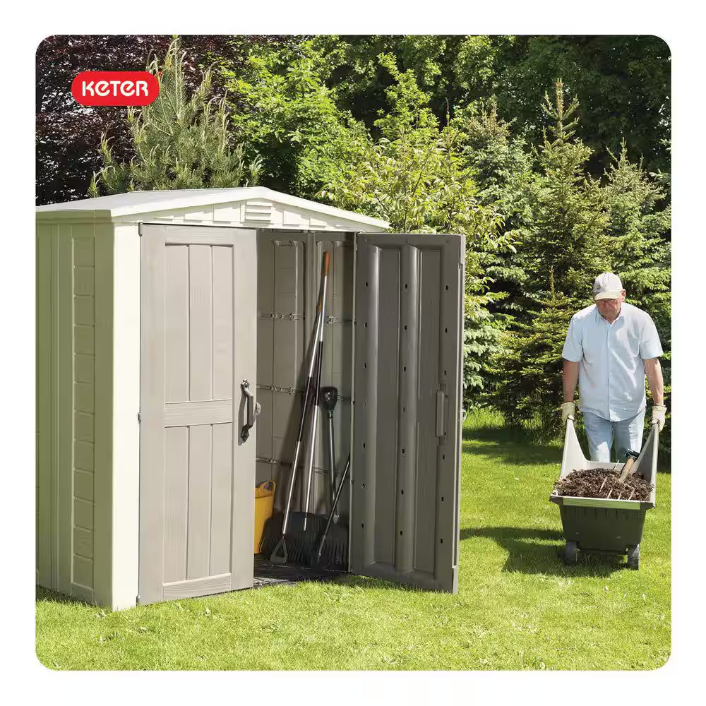 Factor 6 Ft. W X 3 Ft. D Outdoor Durable Resin Plastic Storage Shed with Double Doors, Taupe and Brown (22.9 Sq. Ft.)