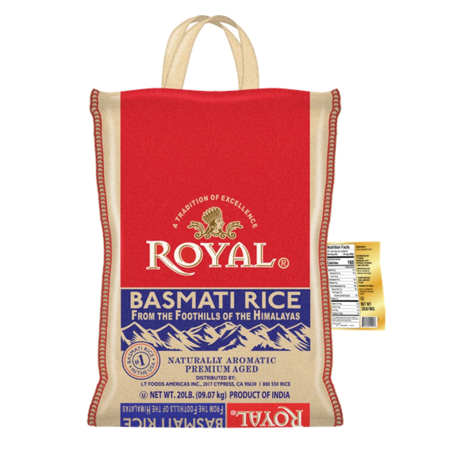 Authentic Naturally Aged Indian White Basmati Rice, Long-Grain, Gluten-Free - 20 Lb. Bag