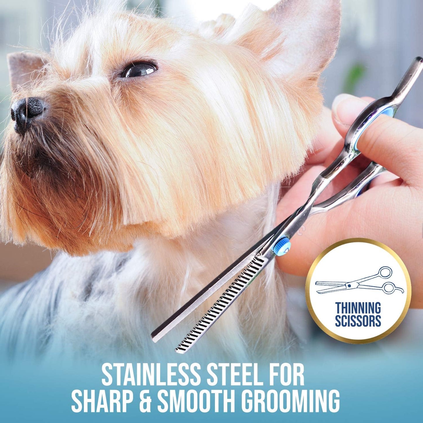 Dog Grooming Scissors with Safety round Tips, 7 in 1 Pet Grooming Scissors Set, Pet Cutting Scissors Kit with Thinning, Straight, Curved Shears & Comb, Lint Roller, for Long or Short Hair