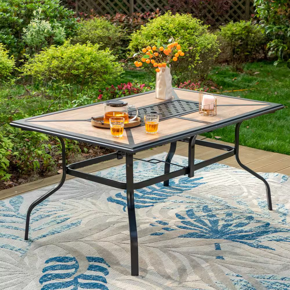 Black 7-Piece Metal Rectangle Patio Outdoor Dining Set with Geometric Table and Textilene Swivel Chairs