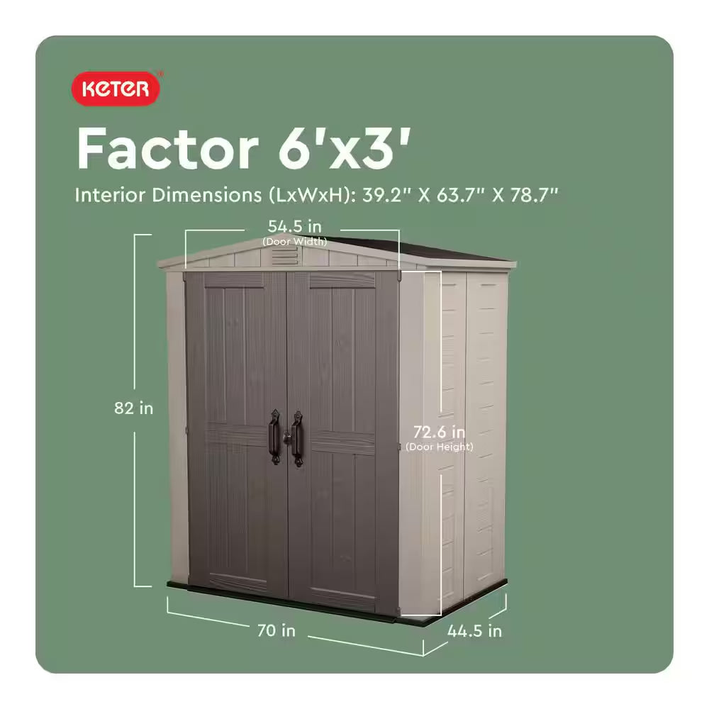Factor 6 Ft. W X 3 Ft. D Outdoor Durable Resin Plastic Storage Shed with Double Doors, Taupe and Brown (22.9 Sq. Ft.)