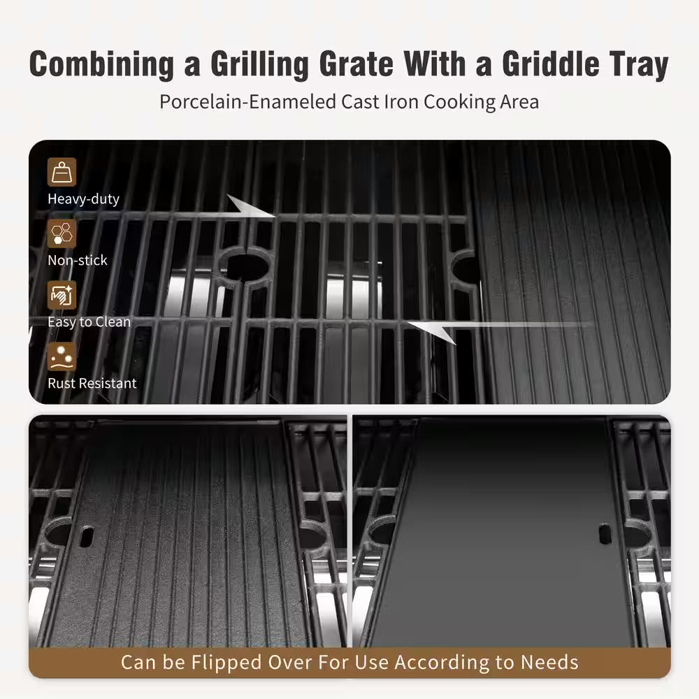 4-Burner Propane Gas Grill and Griddle Combo in Black with Cooking Grates Plate and Side Burner