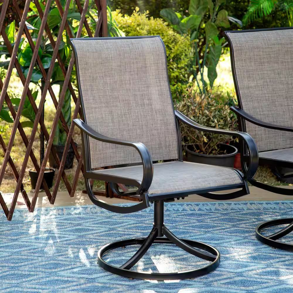 Black 7-Piece Metal Rectangle Patio Outdoor Dining Set with Geometric Table and Textilene Swivel Chairs