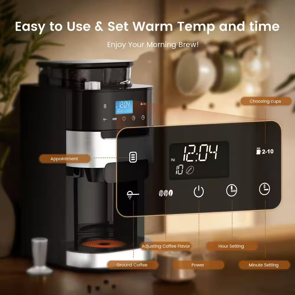 10-Cup Stainless Steel Drip Coffee Maker with Built-In Adjustable Grind and Brew in Black