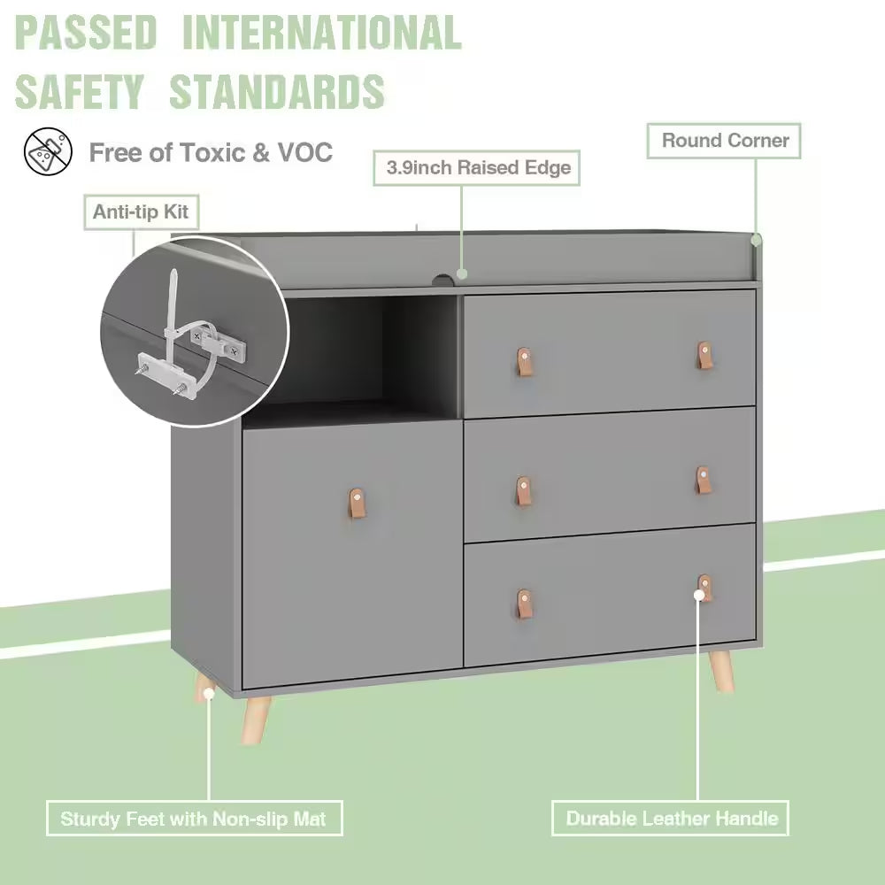 Gray 4-Drawers 44.9 In. Width Changing Table, Kids Dresser, Nursery Storage Organizer with Shelf