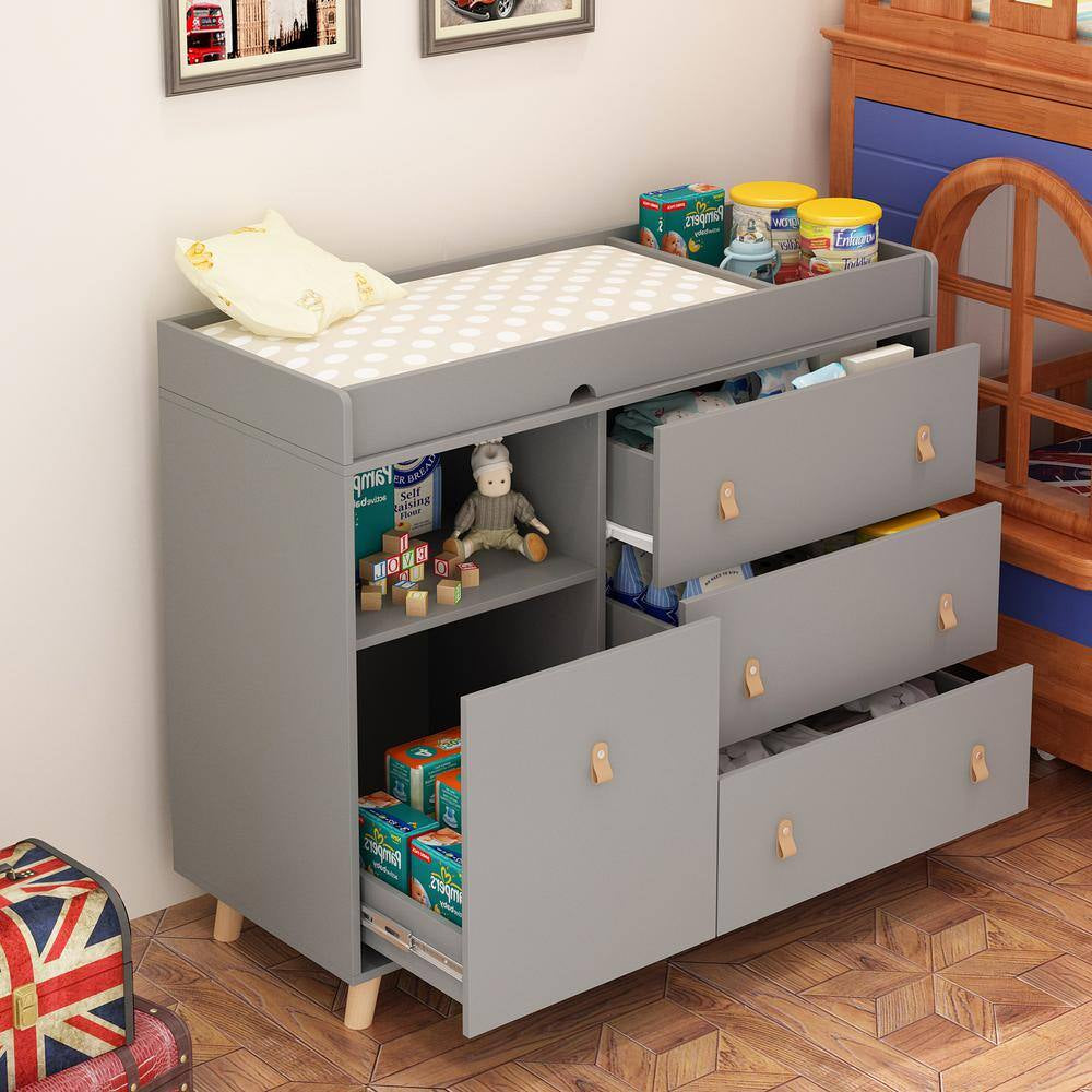 Gray 4-Drawers 44.9 In. Width Changing Table, Kids Dresser, Nursery Storage Organizer with Shelf