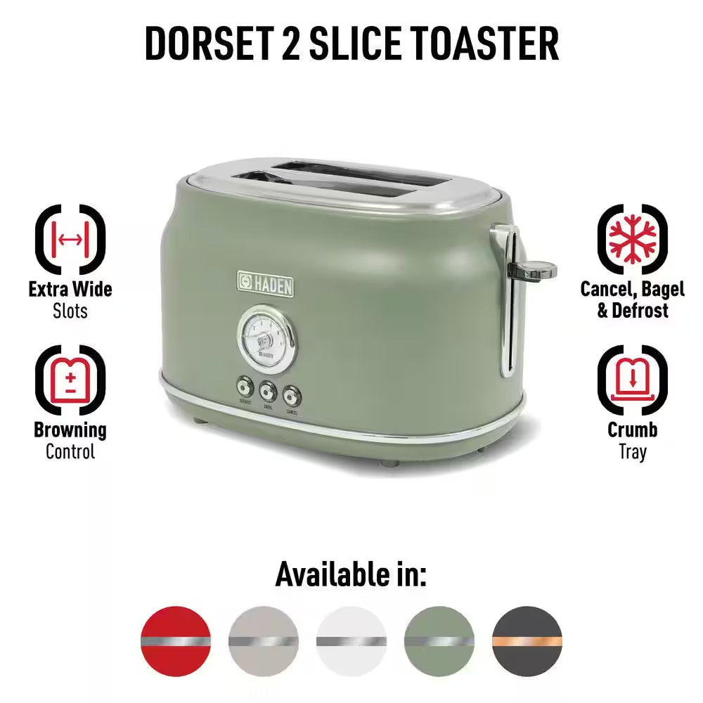 Dorset 900-Watt 2-Slice Wide Slot Cedar Green Retro Toaster with Removable Crumb Tray and Adjustable Settings