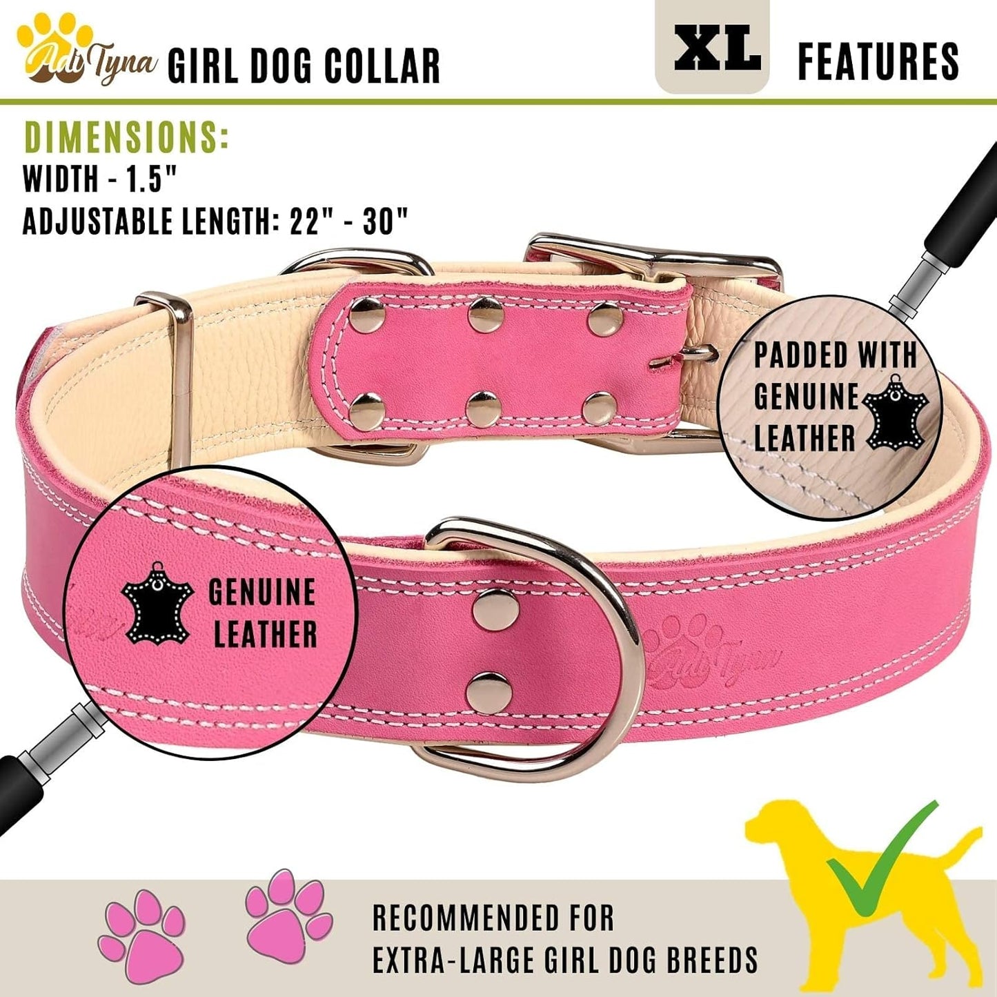 Heavy-Duty Pink Leather Dog Collar for Extra-Large Dogs - Soft Padded for Comfort - Big Girl Dog Collar for Walking, Training, and Hiking