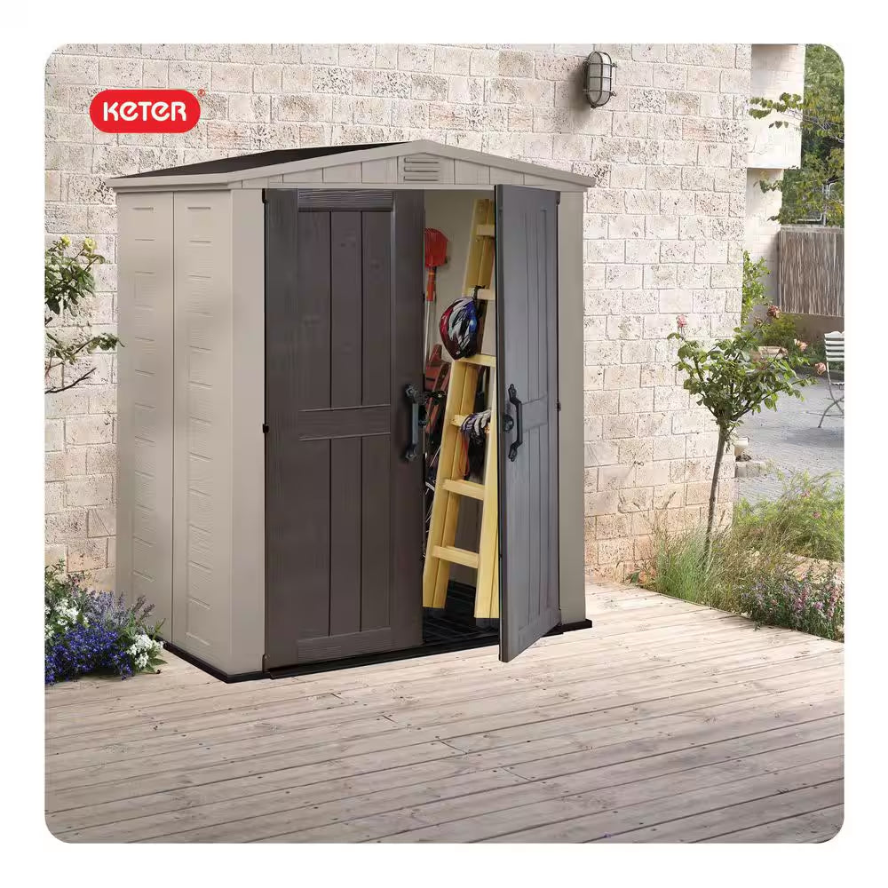 Factor 6 Ft. W X 3 Ft. D Outdoor Durable Resin Plastic Storage Shed with Double Doors, Taupe and Brown (22.9 Sq. Ft.)