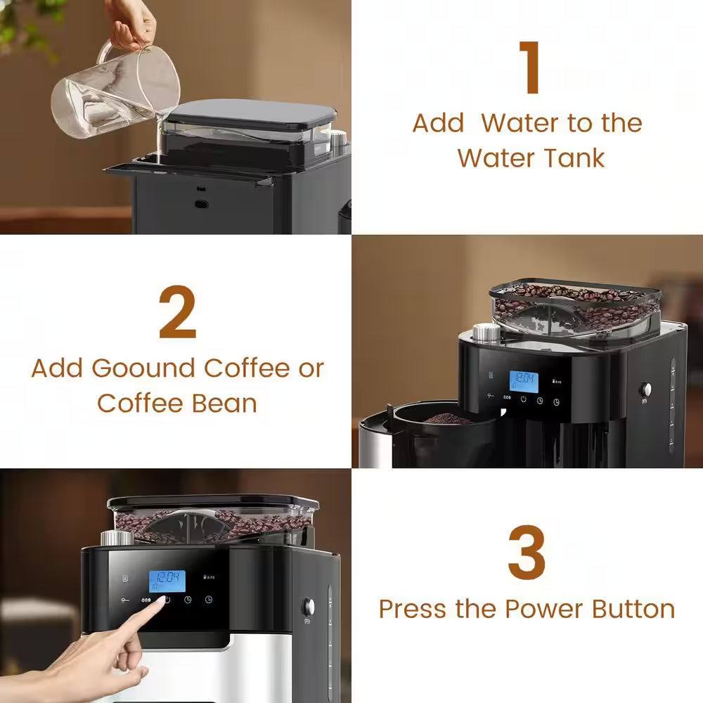 10-Cup Stainless Steel Drip Coffee Maker with Built-In Adjustable Grind and Brew in Black
