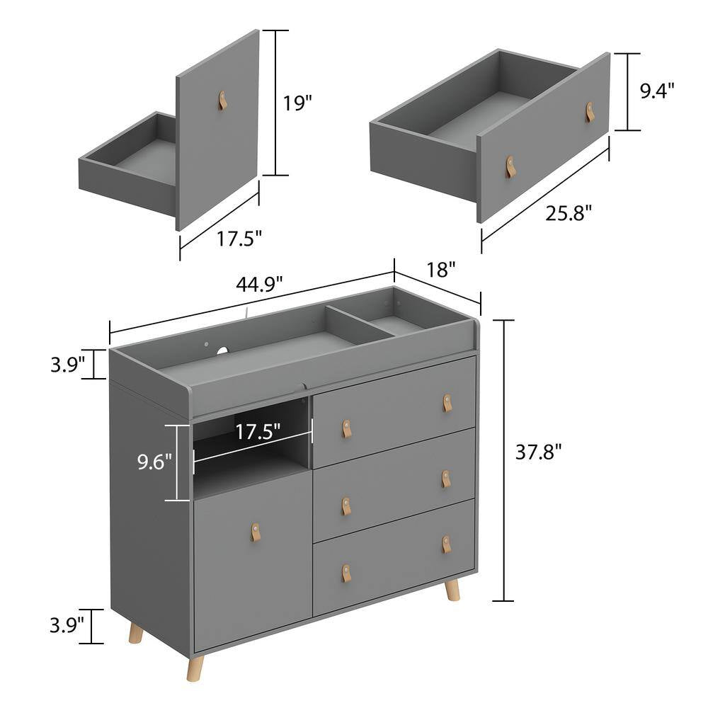 Gray 4-Drawers 44.9 In. Width Changing Table, Kids Dresser, Nursery Storage Organizer with Shelf