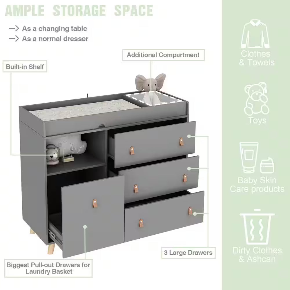 Gray 4-Drawers 44.9 In. Width Changing Table, Kids Dresser, Nursery Storage Organizer with Shelf