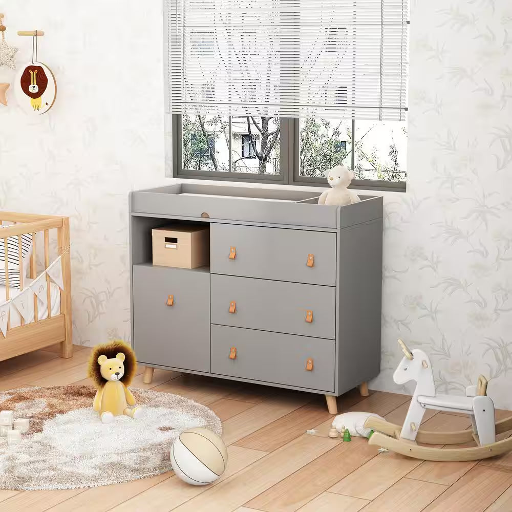Gray 4-Drawers 44.9 In. Width Changing Table, Kids Dresser, Nursery Storage Organizer with Shelf