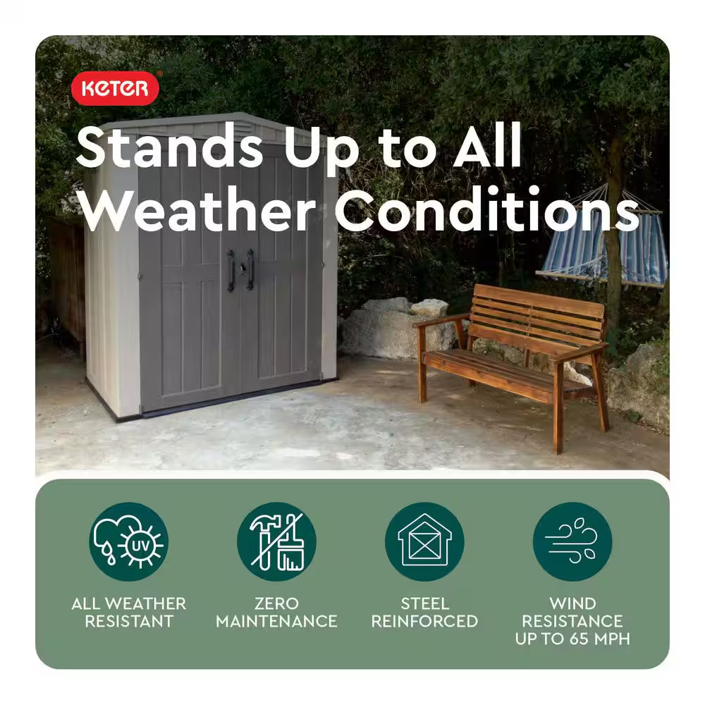 Factor 6 Ft. W X 3 Ft. D Outdoor Durable Resin Plastic Storage Shed with Double Doors, Taupe and Brown (22.9 Sq. Ft.)