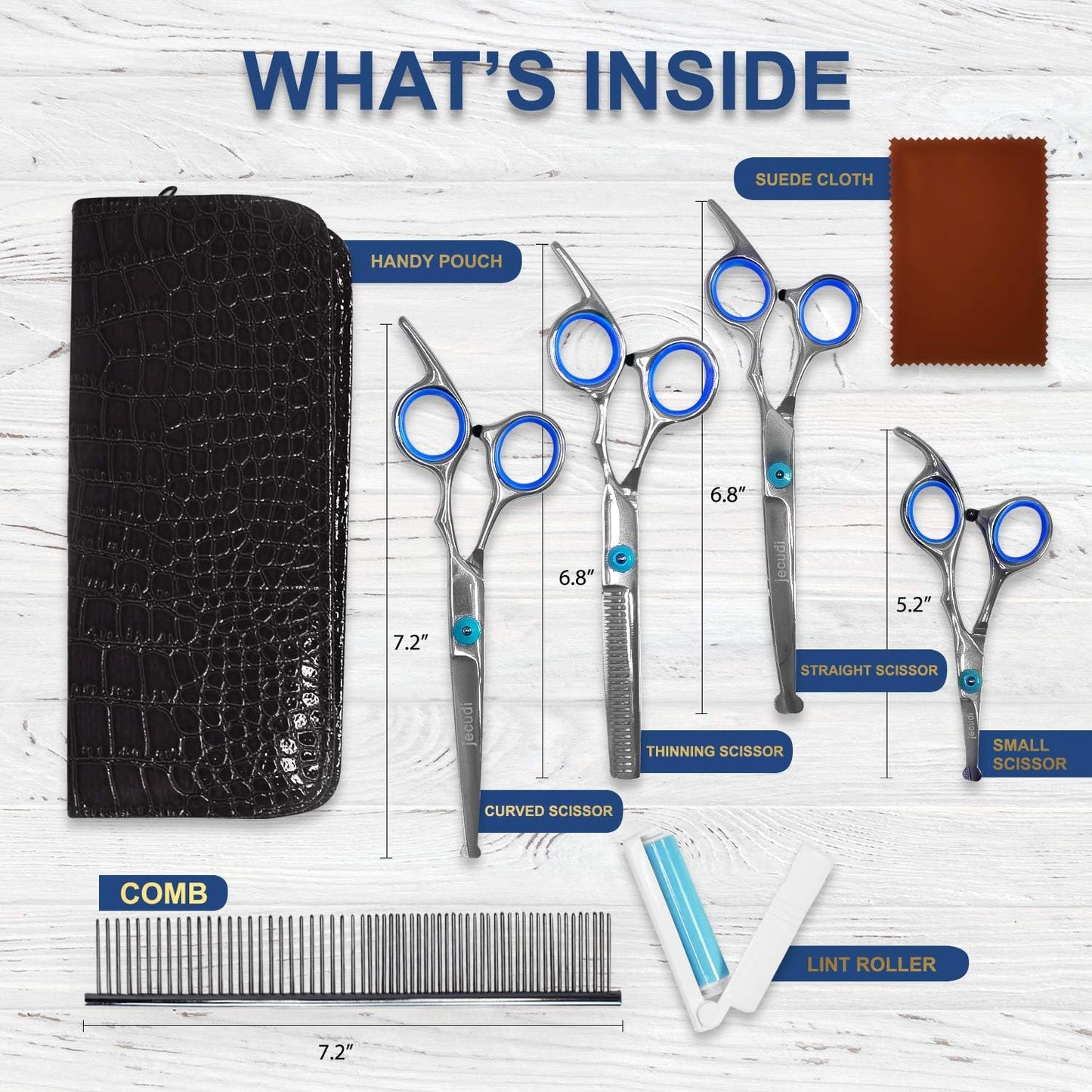 Dog Grooming Scissors with Safety round Tips, 7 in 1 Pet Grooming Scissors Set, Pet Cutting Scissors Kit with Thinning, Straight, Curved Shears & Comb, Lint Roller, for Long or Short Hair