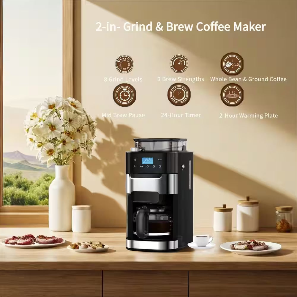 10-Cup Stainless Steel Drip Coffee Maker with Built-In Adjustable Grind and Brew in Black