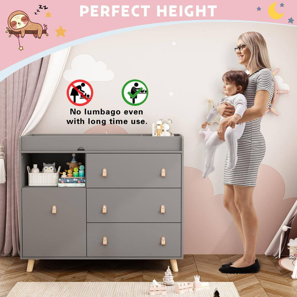 Gray 4-Drawers 44.9 In. Width Changing Table, Kids Dresser, Nursery Storage Organizer with Shelf
