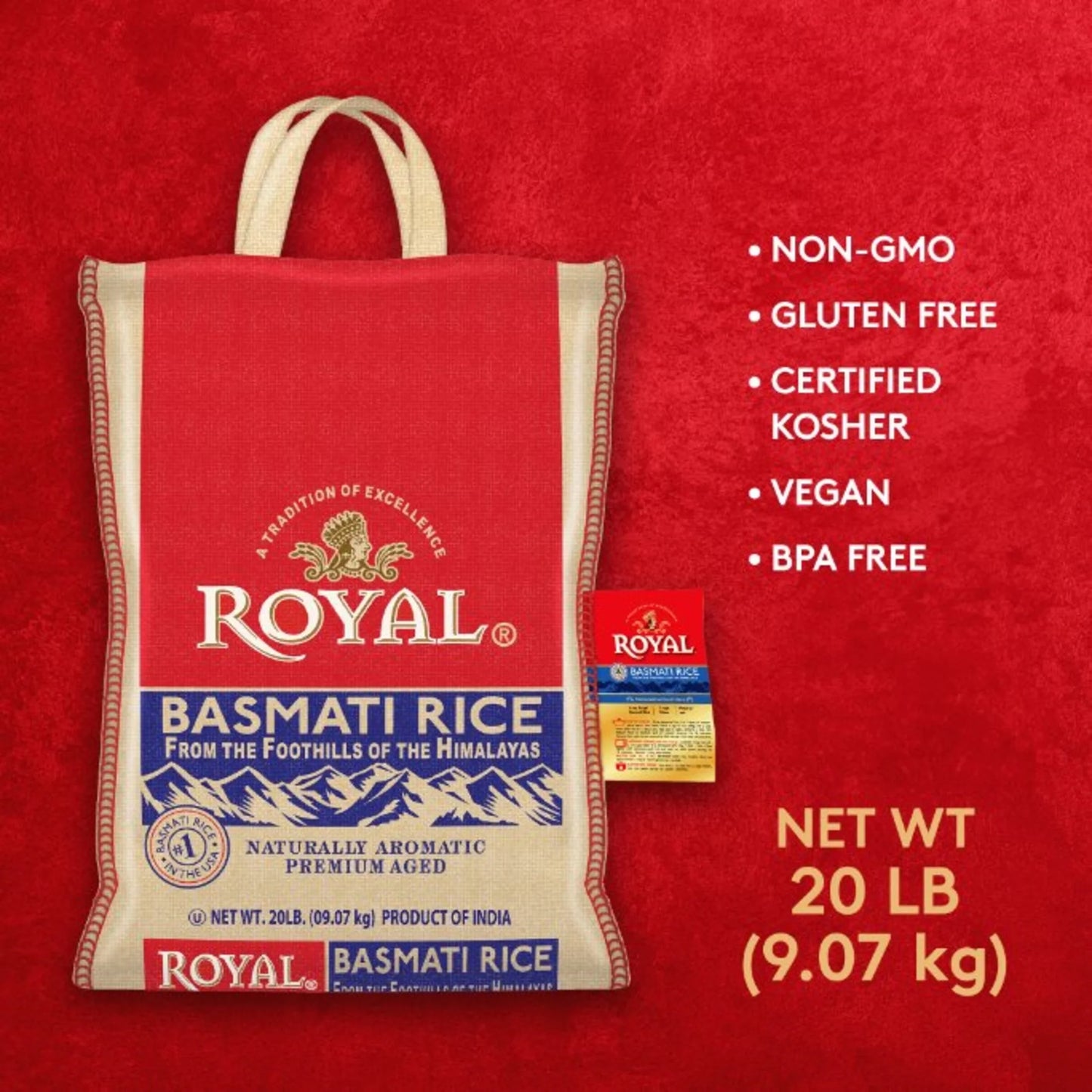 Authentic Naturally Aged Indian White Basmati Rice, Long-Grain, Gluten-Free - 20 Lb. Bag