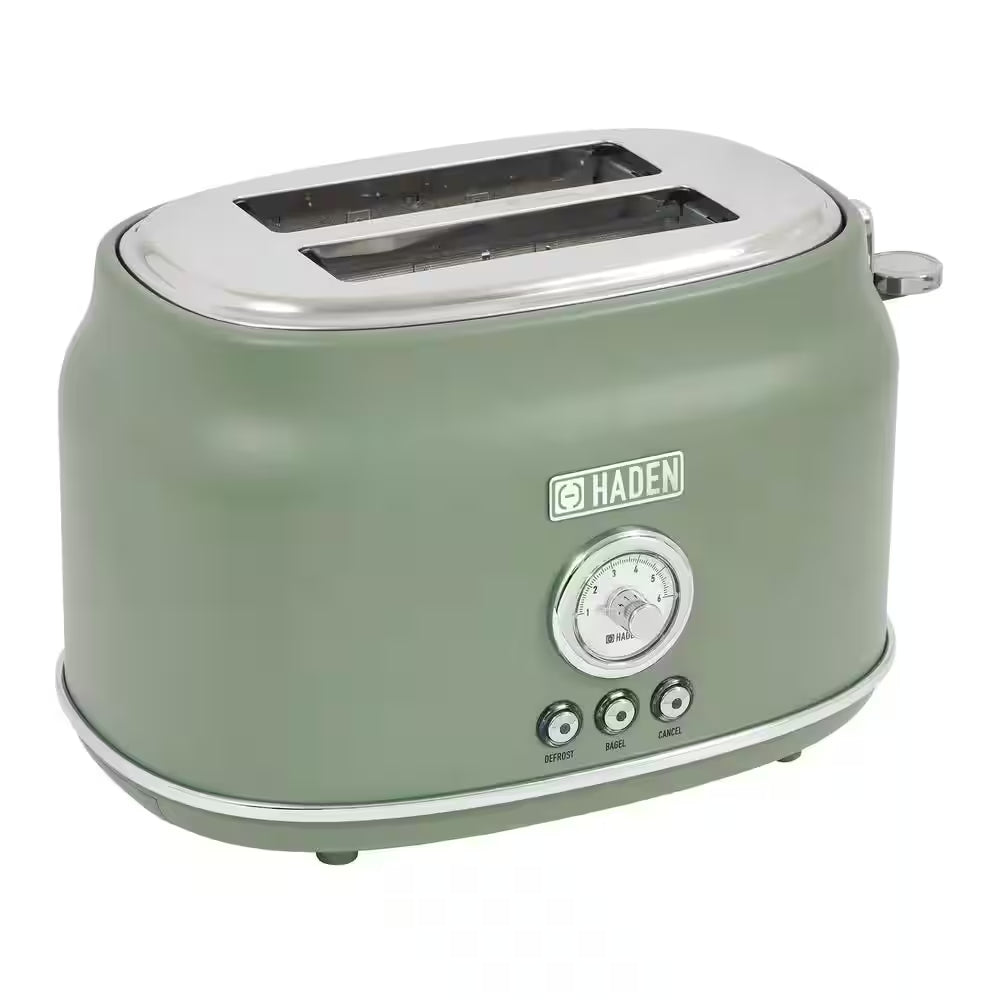 Dorset 900-Watt 2-Slice Wide Slot Cedar Green Retro Toaster with Removable Crumb Tray and Adjustable Settings