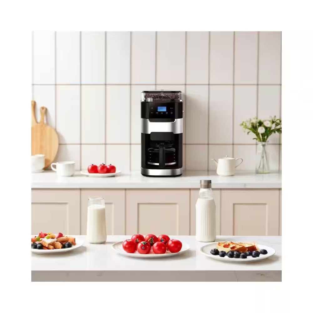 10-Cup Stainless Steel Drip Coffee Maker with Built-In Adjustable Grind and Brew in Black