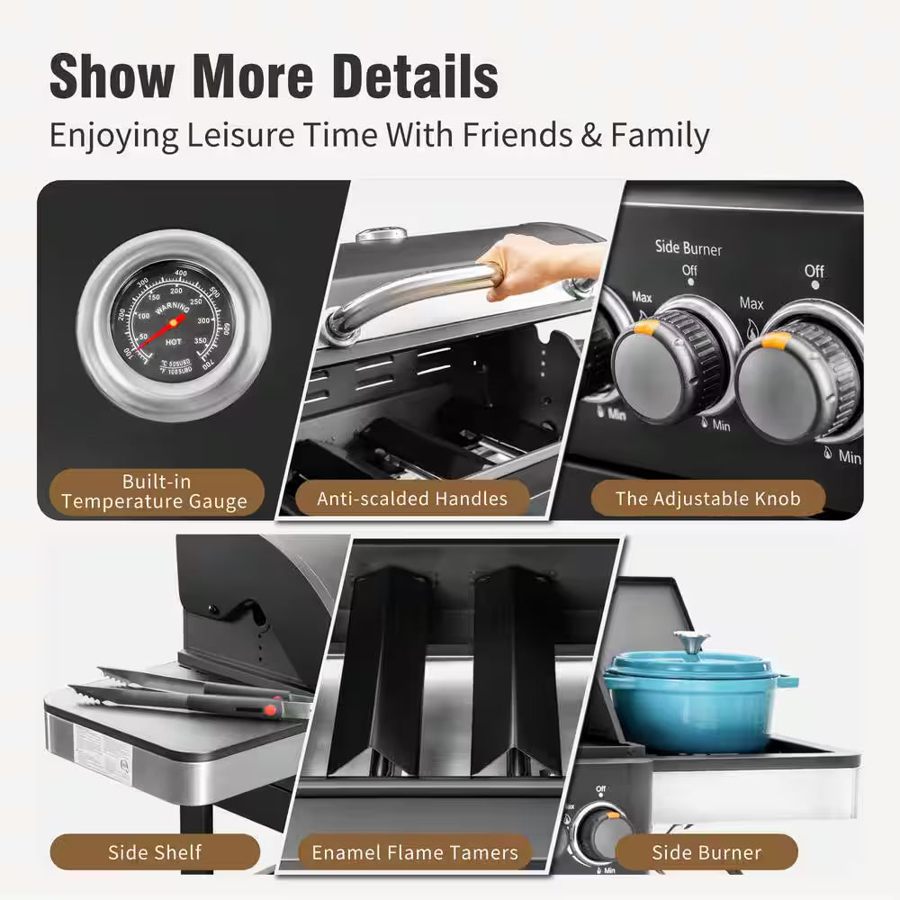 4-Burner Propane Gas Grill and Griddle Combo in Black with Cooking Grates Plate and Side Burner