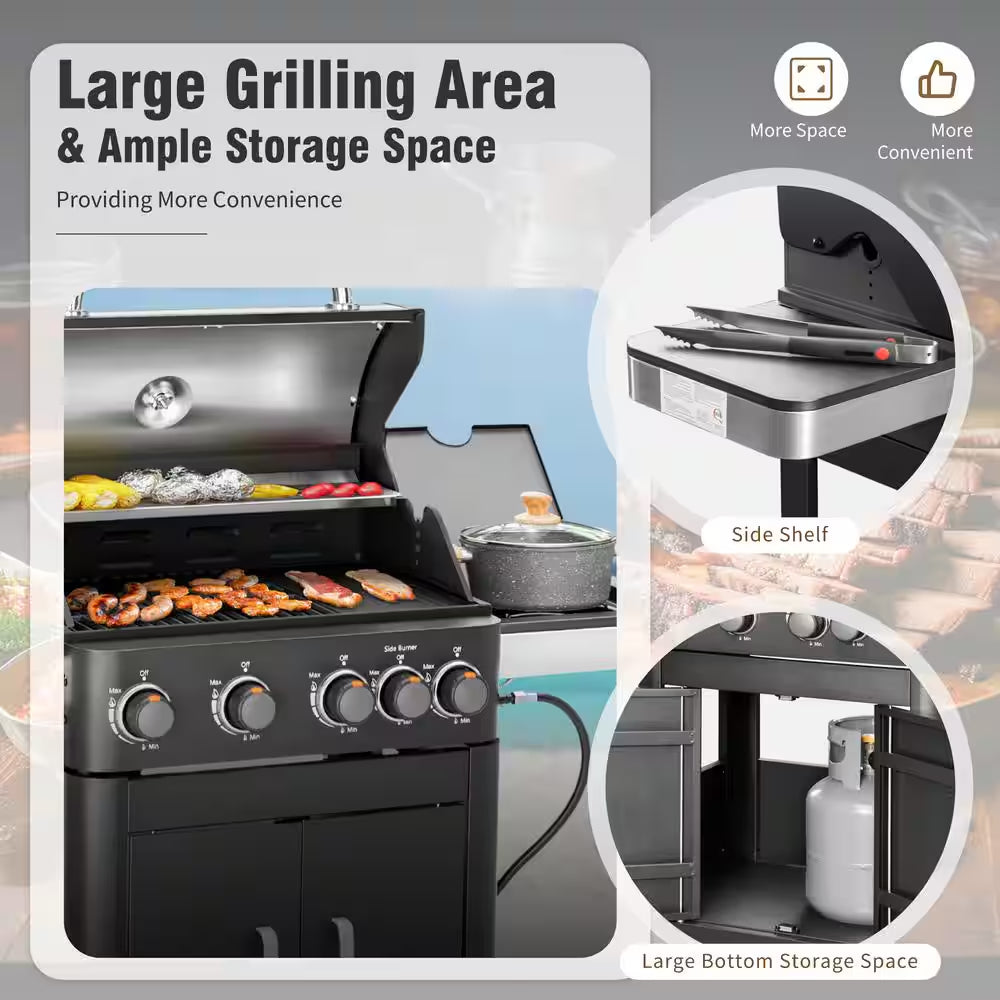 4-Burner Propane Gas Grill and Griddle Combo in Black with Cooking Grates Plate and Side Burner