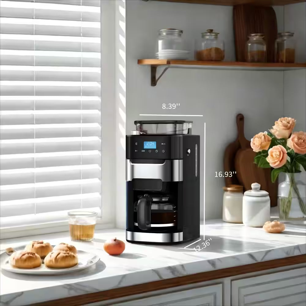 10-Cup Stainless Steel Drip Coffee Maker with Built-In Adjustable Grind and Brew in Black