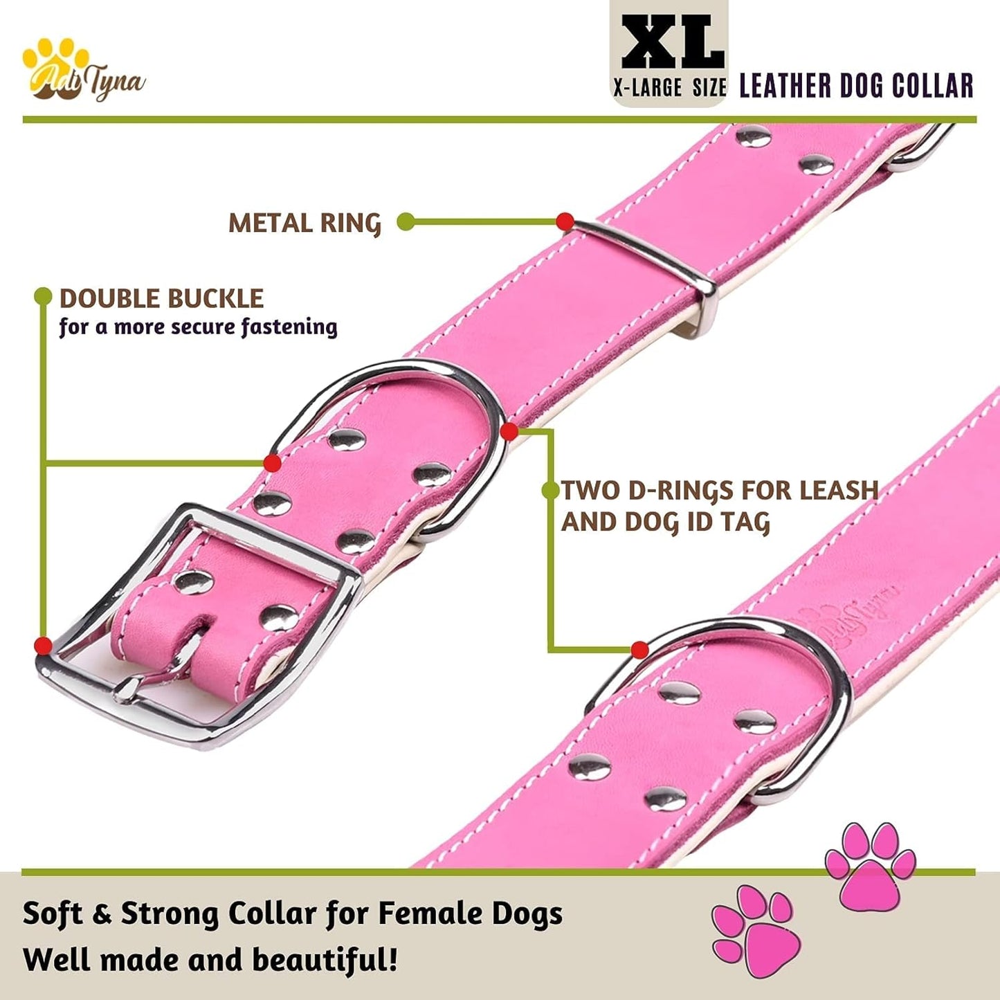 Heavy-Duty Pink Leather Dog Collar for Extra-Large Dogs - Soft Padded for Comfort - Big Girl Dog Collar for Walking, Training, and Hiking