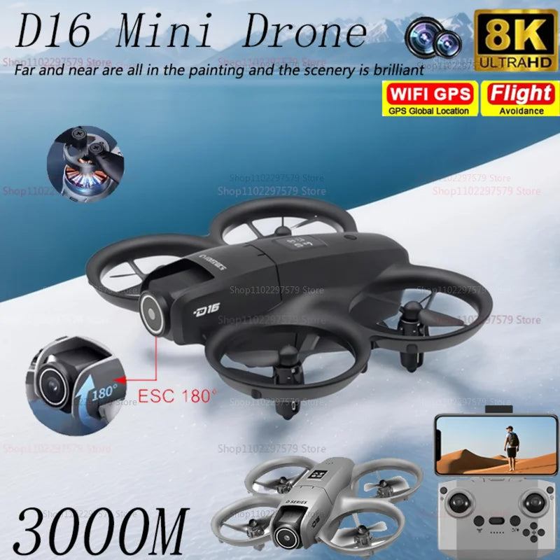 NEW Mini D16 Drone with 180°Adjustable 8K HD Camera Wifi Light Flow Obstacle Avoidance RC Quadcopter Toy Gift Kid Adults Father