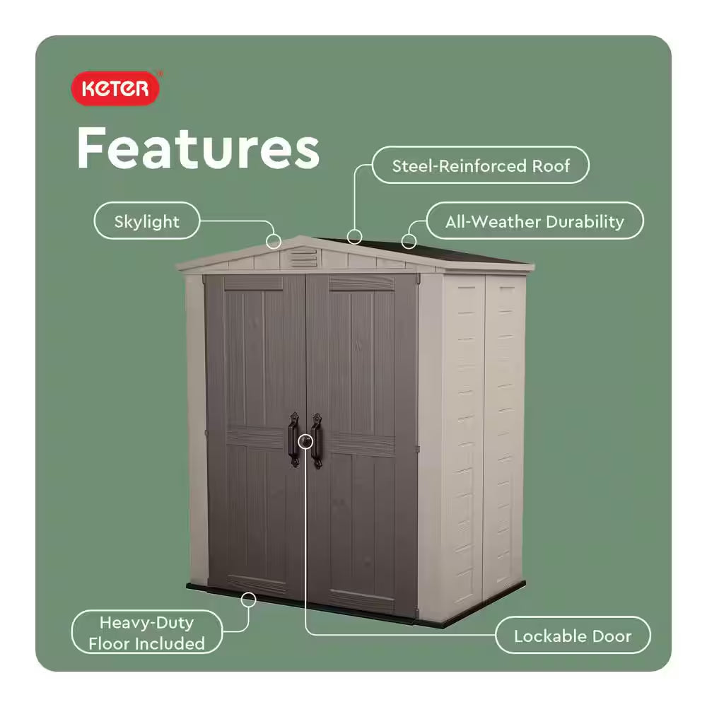 Factor 6 Ft. W X 3 Ft. D Outdoor Durable Resin Plastic Storage Shed with Double Doors, Taupe and Brown (22.9 Sq. Ft.)