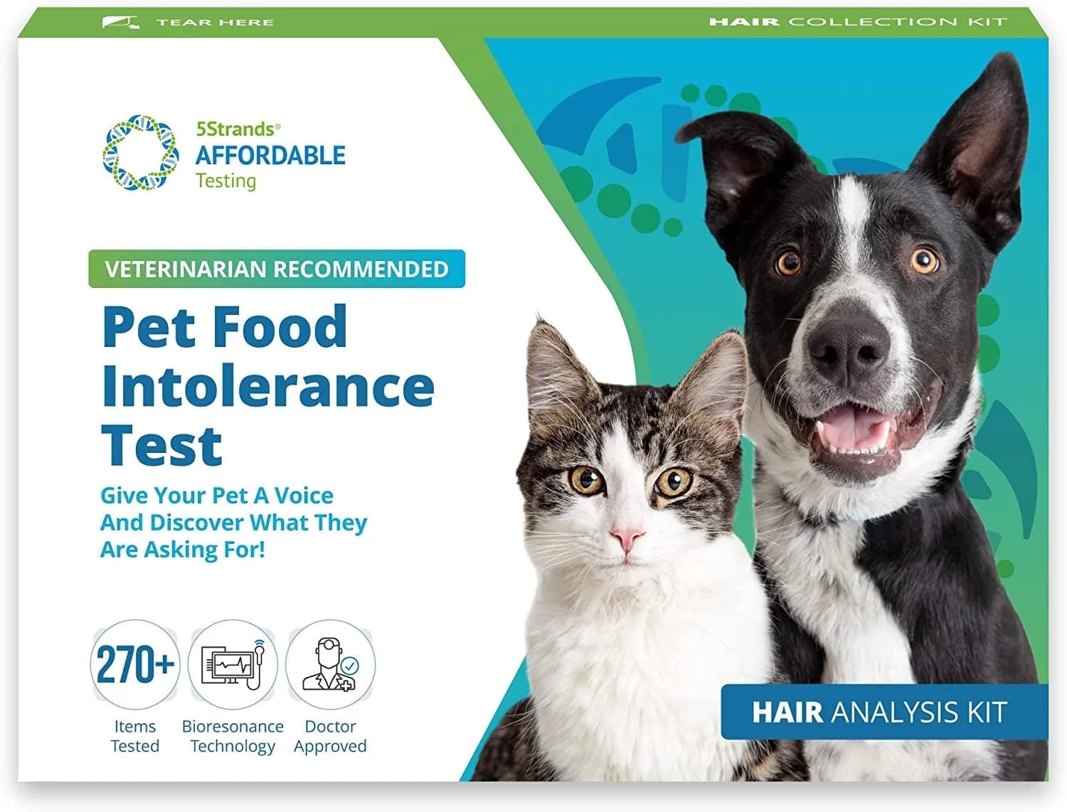 Pet Food Intolerance Test, at Home Sensitivity Test for Dogs & Cats, 289 Items, Hair Analysis, Accurate for All Ages and Breed, Results in 5 Days - Protein, Grain, Preservatives