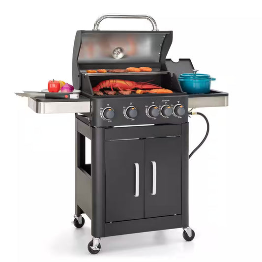 4-Burner Propane Gas Grill and Griddle Combo in Black with Cooking Grates Plate and Side Burner
