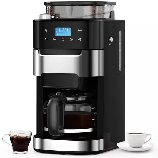 10-Cup Stainless Steel Drip Coffee Maker with Built-In Adjustable Grind and Brew in Black