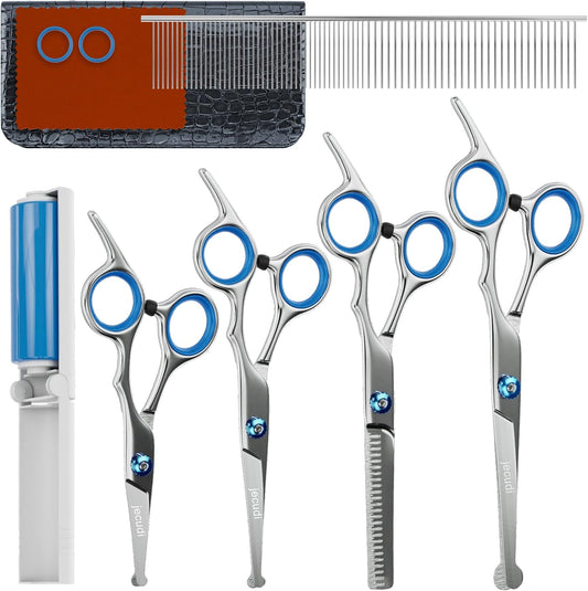 Dog Grooming Scissors with Safety round Tips, 7 in 1 Pet Grooming Scissors Set, Pet Cutting Scissors Kit with Thinning, Straight, Curved Shears & Comb, Lint Roller, for Long or Short Hair