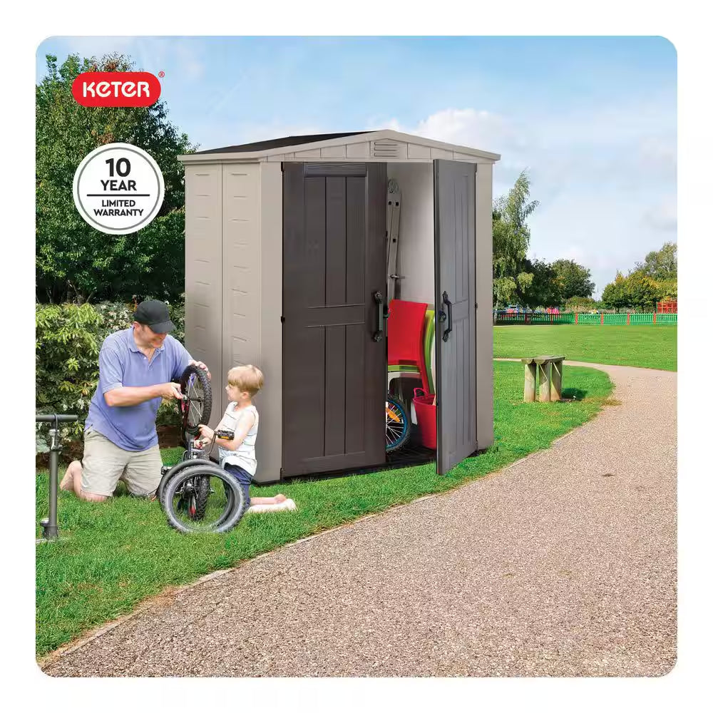 Factor 6 Ft. W X 3 Ft. D Outdoor Durable Resin Plastic Storage Shed with Double Doors, Taupe and Brown (22.9 Sq. Ft.)