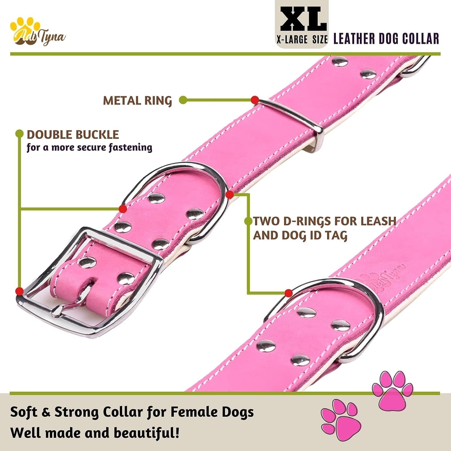 Heavy-Duty Pink Leather Dog Collar for Extra-Large Dogs - Soft Padded for Comfort - Big Girl Dog Collar for Walking, Training, and Hiking